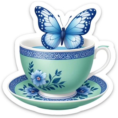 A delicate butterfly with pastel blue wings, resting on the edge of a green  porcelain teacup adorned with intricate blue floral patterns. sticker