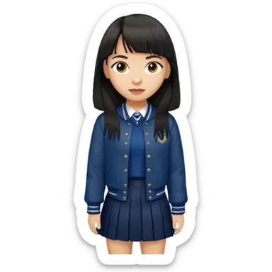 hair : black long hair with fringe 
skin : light 
cloth : brown varsity jacket + navy long long school girl skirt 


 sticker