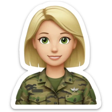 Apple-style emoji: female soldier, bust, no cap/helmet, friendly smile, generic camo top, blonde hair sticker