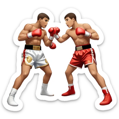  a high-stakes boxing match for the world championship title. Two professional boxers, wearing gloves and championship belts, exchange powerful punches in the center of the ring. The background features a packed arena with bright lights, a roaring crowd, and the championship banner hanging above.  sticker