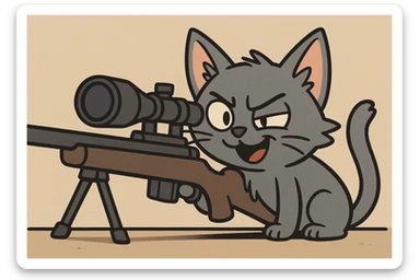 cartoonish small grey cat peeking behind a sniper rifle, cute and mischievous sticker