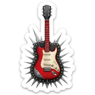 Create a powerful and dynamic humanless emoji representing rock vocals. The design should feature a classic vintage microphone with a rugged, distressed look, surrounded by elements like a guitar pick, electric guitar neck, and sound waves to reflect the raw energy of rock music. Add subtle details such as a spiked bracelet, leather textures, or bold lightning bolts to evoke the rebellious and intense spirit of rock. Use dark, edgy colors like black, red, silver, and metallic accents to emphasize the fierce, loud, and passionate nature of rock vocals. The background should be transparent. sticker
