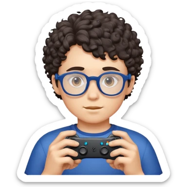 Ragazzo dai capelli ricci corti con gli occhiali blu scuro che gioca ai videogiochi, carnagione chiara sticker
