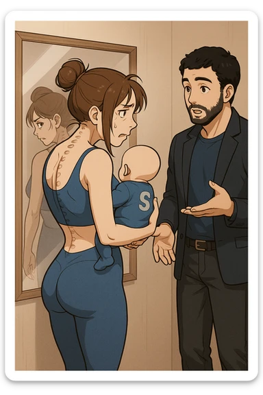 ispirati a questo stile di disegno e fai questa immagine in versione manga/webtoon a colori, il manga mostra la donna che si guarda alla specchio preoccupata di profilo con la postura sbagliata e incurvata, spalle chiuse e curve in avanti, con un neonato in braccio con una tutina azzurra e la scritta "S" sulla schiena, spina dorsale storta della donna in evidenza mentre al suo fianco anche l'uomo guarda la donna riflessa nello specchio e le spiega una cosa, ma non fare i fumetti, fai come se stessero parlando sticker