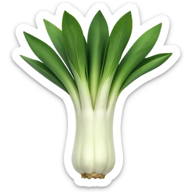 fresh whole leek, thick white base, pale to dark green leaves, open and tidy, layered and curved, fine roots, moist and crisp, 3D-rendered, minimal, no faces, transparent background sticker