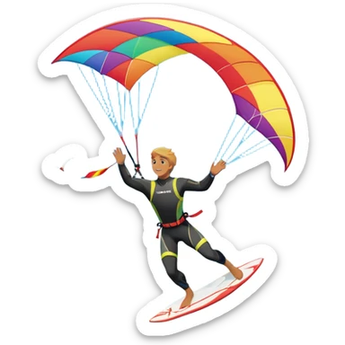 A kitesurfer soaring through the sky, harnessing the wind on a bright, colorful kite. The scene shows the surfer gliding over the water with the kite above, emphasizing the freedom, speed, and thrill of the sport in a dynamic coastal setting. sticker