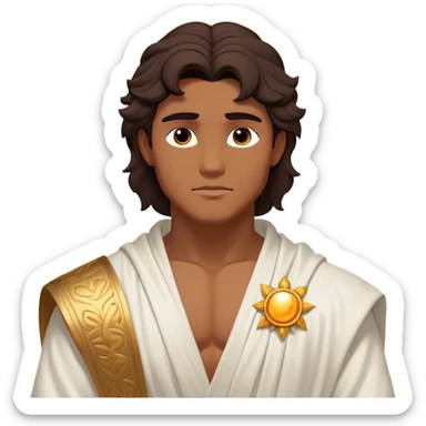 Cinematic Realistic Hercules Portrait, depicted as a classical Greek hero inspired by the Disney version yet echoing the refined proportions and serene dignity of Michelangelo's David. His idealized, sun-kissed bronze skin glows with timeless strength, and his thick, wavy dark hair falls in natural, sculpted curls. Draped in a flowing white robe with delicate golden accents, his expressive eyes radiate determined nobility, all rendered under dynamic natural lighting with a mythic, radiant glow. sticker