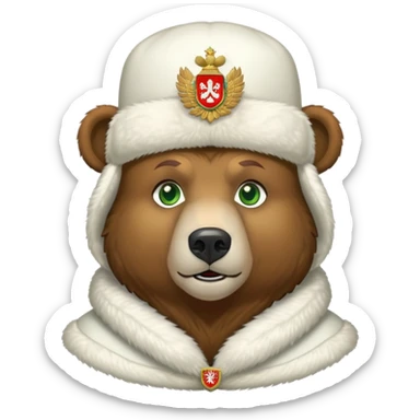 Bear head only, brown fur and green eyes, white ushanka hat with extremely accurate Russian Federation coat of arms with all correct elements and colors, iOS emoji style sticker