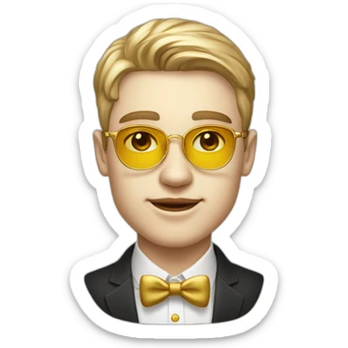 19 years old boy like a gentleman white skin tone. With golden optic glasses. Wearing old money style sticker