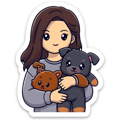 Kendall Jenner with long dark hair holding a brown teddy bear, a black schnauzer and a cow cat in her arms sticker