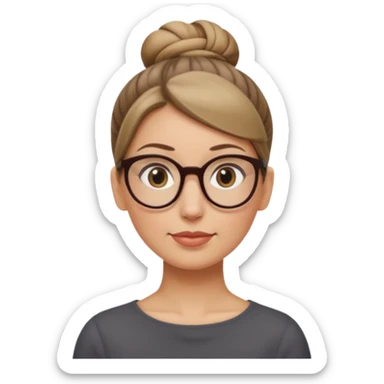 femme de 38 ans avec des cheveux tirés vers l'arrière blond foncé sans mèche devant, un chignon haut, yeux bruns, lunettes rondes, visage ovale sticker
