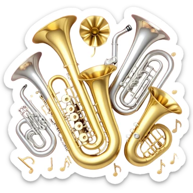 Create a festive and elegant emoji collage featuring a bouquet or fan of bells of wind instrument  (trumpets, saxophones, trombones, tubes, etc.) arranged in a radiant, symmetrical pattern. The instruments should have polished, golden and silver finishes, with their large, shiny bells forming a beautiful, fan-like display. Include a flowing ribbon of musical notes swirling through the center, conveying movement and melody. The background should feature a deep red velvet texture, adding a touch of luxury and sophistication. The overall composition should be balanced, with an elegant and regal feel, with a transparent background to keep focus on the instruments and musical elements. sticker