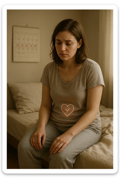 3D realistic medical illustration: a young woman in her 20s or 30s sits on the edge of a bed in a softly lit bedroom, looking thoughtful and slightly concerned. She wears comfortable loungewear, her posture is slouched, and her expression is subdued. Subtle visual cues—such as a faded calendar with missed menstrual cycles and a dimmed heart or energy icon near her abdomen—symbolize low libido and amenorrhea. The scene is realistic, intimate, and empathetic. sticker