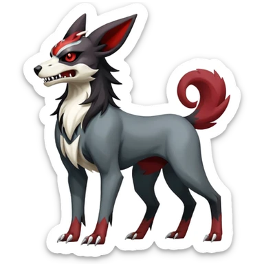 Shiny Exotic Excessive Mysterious Houndoom-Mightyena-Zorua-Zoroark-Zangoose-Houndour-Pokémon-Fakémon-hybrid-creature (full body) with a dog-skull sticker