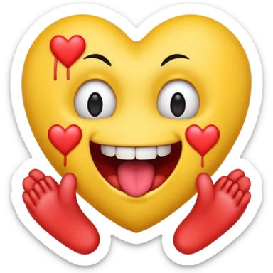 yellow emoji face holding a heart and hes so happy with so happy with teeth and tongue and toes growing out of the top of its head. his eyes have been plucked out and are now eyeless sockets. no eyes. emo hair sticker