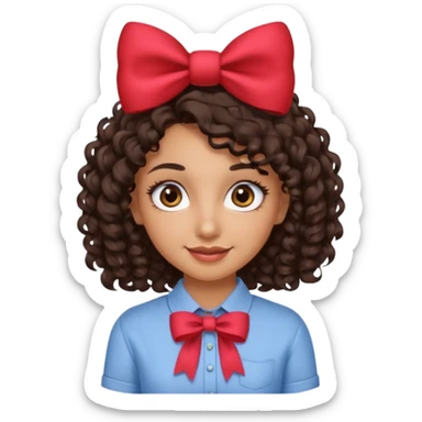 Do a Curly haired girl with dark brown hair, brown eyes, medium tan skin, big eyes and big lashes, with thin lips and add a shirt with a bow sticker