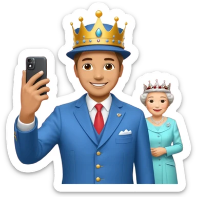 A person/a man who's taking a selfie in a room with the wax figures of the queen elizabeth the II sticker