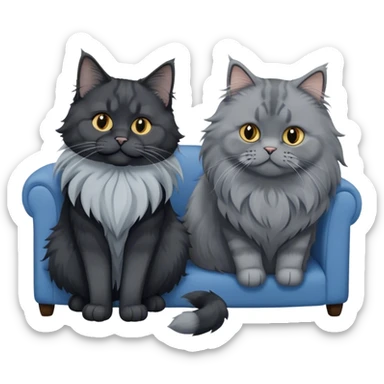 A large black smoke Maine Coon cat with long grey ear tufts and a fluffy grey ruff, sitting next to a chubby British Shorthair cat in blue color with plush fur, both sitting comfortably on a sofa. Beautiful room background with flowers and soft lighting. Transparent background. sticker
