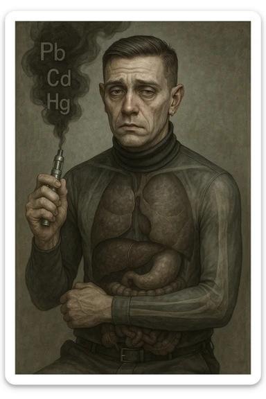 Realistic medical style illustration of a man aged 30-40 years with pale skin, dull eyes, and a tired face, inspired by the reference photo. He holds an electronic cigarette emitting dark smoke with chemical symbols Pb, Cd, Hg. His body is transparent showing dark liver and intestines. The atmosphere is gloomy with metallic colors, realistic medical style. sticker