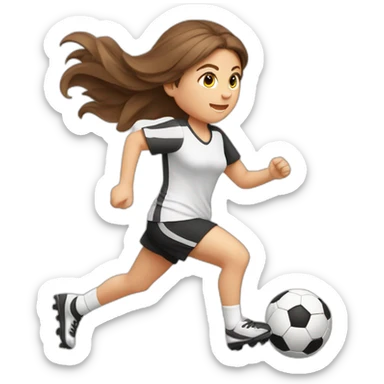 Caucasian girl with brown long hair running with a soccer ball wearing White short and black shorts sticker