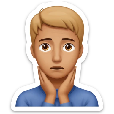 A person with their hands around there neck with a worried face sticker