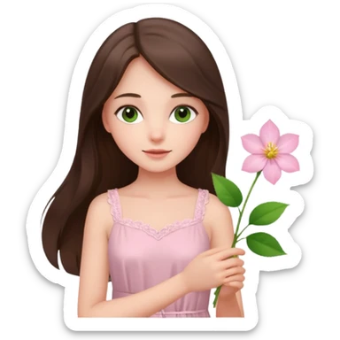 white brunette girl long hair with hazel eyes in light pink dress holding a flower sticker