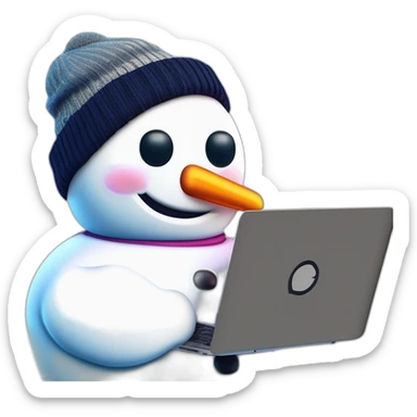 snowman data science engineer with a laptop holding a coffee mug and wearing a beanie sticker