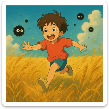 A child running through a golden wheat field, chased by playful dust spirits. sticker