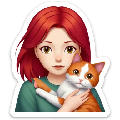 a girl with cherry red hair and calico cat sticker