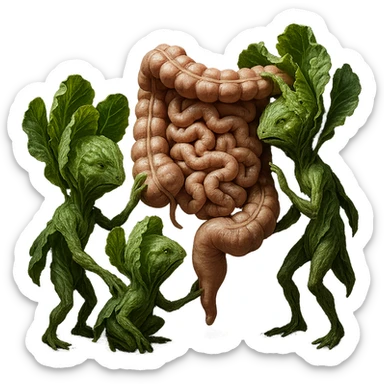 Ultra-realistic 4K illustration: stylized lettuce leaves depicted as plant-like creatures interacting with a human anatomical model of the intestine. The scene is surreal and scientific, with organic textures, refined biological details, dramatic lighting, and a bio-fantasy photorealistic style sticker