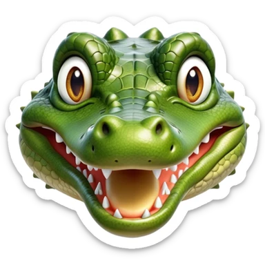 cinematic-realistic-cute-crocodile-portrait-emoji,-head-tilted-playfully-and-inquisitively,-featuring-a-robust,-well-defined-build-with-intricately-detailed,-glossy-olive-green-scales-and-a-surprisingly-endearing-face-with-round,-sparkling eyes sticker