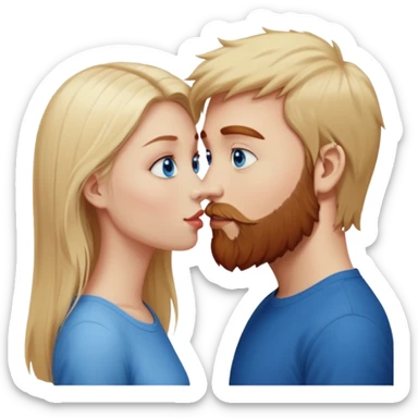 Beautiful, long-straight, pale-blonde-hair blue eyed girl facing a reddish brownish hair and scruffy beard, blue eyed, white male, lips-together-kissing  sticker