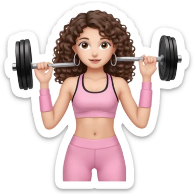 cute balayage brunette long hair curly/wavy haired girl, hoop earrings, clean girl makeup DOING EXERCISE with weights with a cute pastel pink set sticker