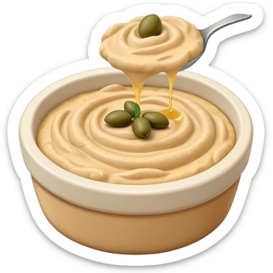 Cinematic Realistic Hummus Dish Emoji, depicted as a creamy chickpea dip drizzled with olive oil rendered with rich textures and warm, inviting lighting. sticker