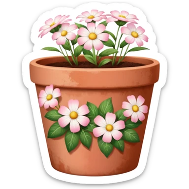 plant pot in terra cota with white and pink flowers print painted on the pot sticker