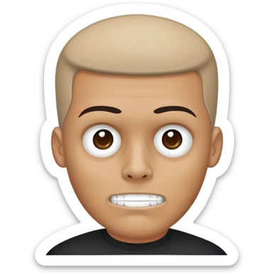 man with oval-shaped flat-top head wearing a black shirt with a gray skull on the front sticker