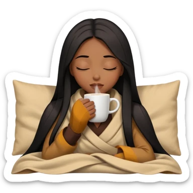 Chocolate brown girl with long straight jet black hair wrapped inside a tan blanket sipping coffee eyes closed sticker