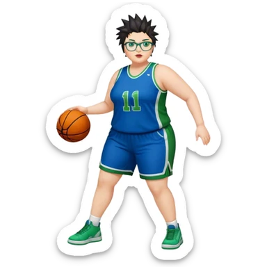 FULL BODY PLUS SIZE  WHITE women with DARK short hair SPIKEY HAIR and glasses playing basketball IN BLUE AND GREE UNIFORM NO WRITING sticker