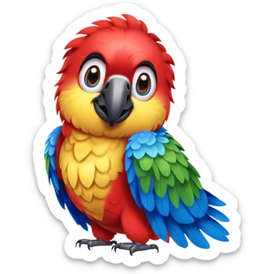 Cinematic Realistic Cute Macaw Portrait Emoji, Head tilted playfully and inquisitively, featuring a compact, lively build with intricately detailed, vivid scarlet and blue feathers and a charming, expressive face with round, sparkling eyes full of tropical wonder, rendered with realistic texture and vibrant natural hues, high shine, affectionate and spirited, styled with a touch of whimsical rainforest charm, soft glowing outline, capturing the essence of a mischievous yet lovable macaw that seems poised to flutter playfully into your arms! sticker