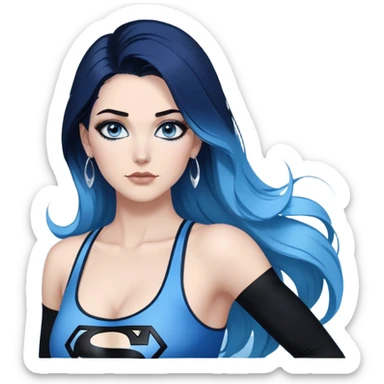 very very large chest-stunning beautiful face-black leggings-very long straight dark blue to light blue ombre hair-and-blue eyes-a lot of black eyeliner-thick long eyelashes-sky blue low cut tanktop with glitter superman logo-no gloves-silver hoop earrings sticker
