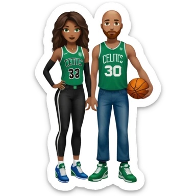black woman and white man: 48-year-old black woman with brown eyes, long dark brown balayage hair dressed in sexy 
celtics jersey costume outfit and stilettos with bald white man with Ginger beard and blue eyes, in a Jason Tatum Boston Celtics Jersey, jeans and matching Nike sneakers  sticker