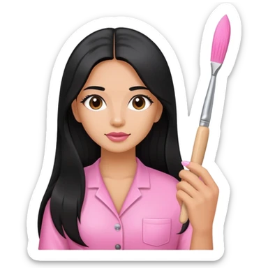 Pink Nail Tech with black long hair holding acrylic brush sticker