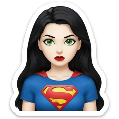 Black haired woman, green eyes, black lipstick, white skin, black t shirt, sharp face, long hair, feminine, Devine, superman logo on t shirt sticker
