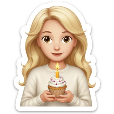 A pretty white girl with hazel brown eyes and long  down and blonde wavy hair in a cosy white knit sweater, she is celebrating her birthday and is happy sticker