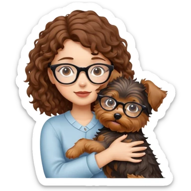 Girl with brown curly hair and glasses hugging a yorkshire terrier dog sticker