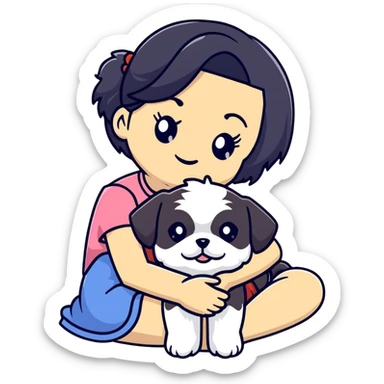A girl with black hair hugging a Shih Tzu dog sticker