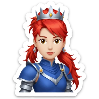 Red Haired Princess, Warrior Princess – fiery red ponytail, silver armor over royal dress, confident stance, silver crown sticker