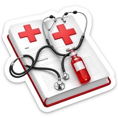 An icon featuring a red cross, a stethoscope, and a syringe, symbolizing medicine. The design includes a medical book, a heartbeat monitor, and a pill, representing the study and practice of healthcare, diagnostics, and treatment. Transparent background highlights the science of healing. sticker