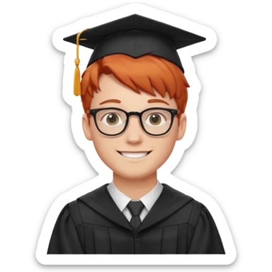smiling red-haired white boy with glasses, graduation gown sticker