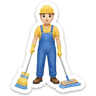Custodian with yellow rubber gloves, blue overalls, mopping floor sticker